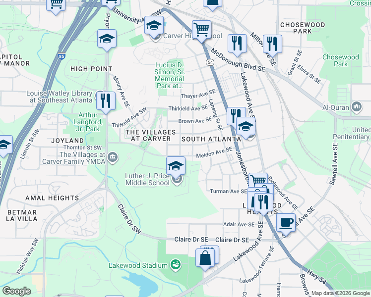 map of restaurants, bars, coffee shops, grocery stores, and more near 80 Meldon Avenue Southeast in Atlanta