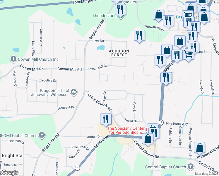 map of restaurants, bars, coffee shops, grocery stores, and more near 6166 Yoni Drive in Douglasville