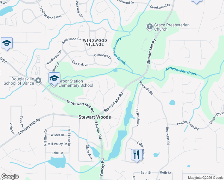 map of restaurants, bars, coffee shops, grocery stores, and more near 3420 Arbroath Drive in Douglasville