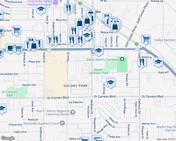 map of restaurants, bars, coffee shops, grocery stores, and more near 82957 Corte Lucia in Indio