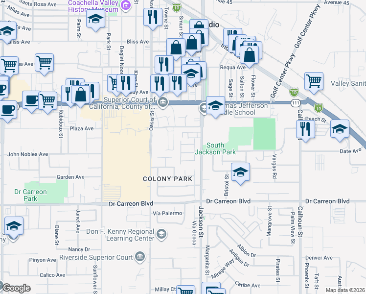 map of restaurants, bars, coffee shops, grocery stores, and more near 46541 Calle Sonoma in Indio