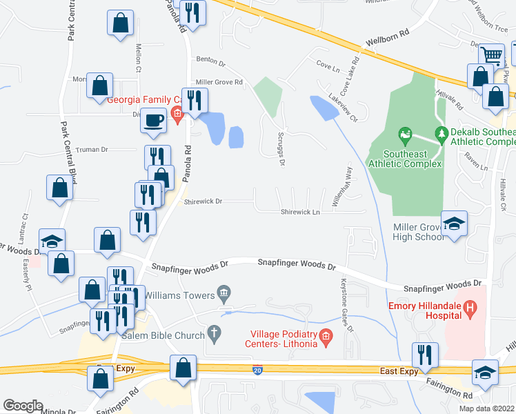 map of restaurants, bars, coffee shops, grocery stores, and more near 5360 Shirewick Lane in Lithonia