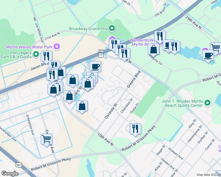 map of restaurants, bars, coffee shops, grocery stores, and more near 1750 Greens Boulevard in Myrtle Beach