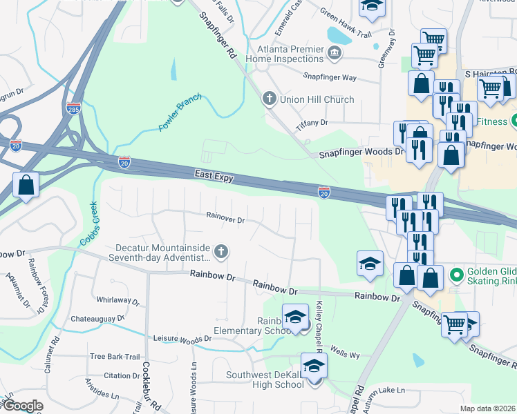 map of restaurants, bars, coffee shops, grocery stores, and more near 2597 Star Lane in Decatur