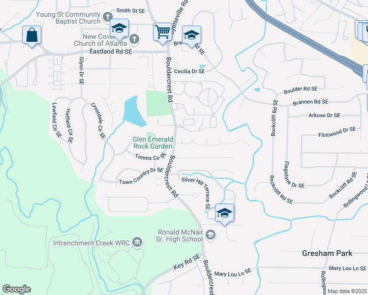 map of restaurants, bars, coffee shops, grocery stores, and more near 1512 Boulderwoods Drive Southeast in Atlanta