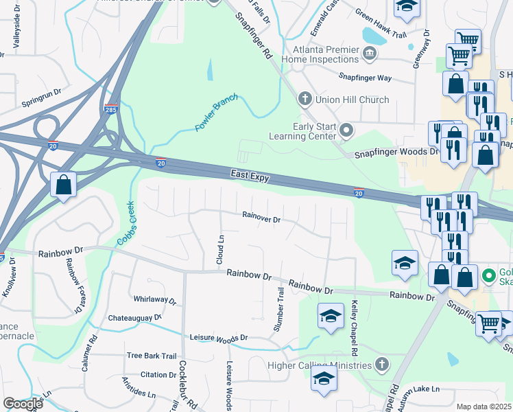 map of restaurants, bars, coffee shops, grocery stores, and more near 2578 Lavender Court in Decatur