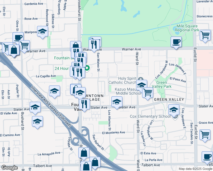 map of restaurants, bars, coffee shops, grocery stores, and more near 17371 San Luis Street in Fountain Valley