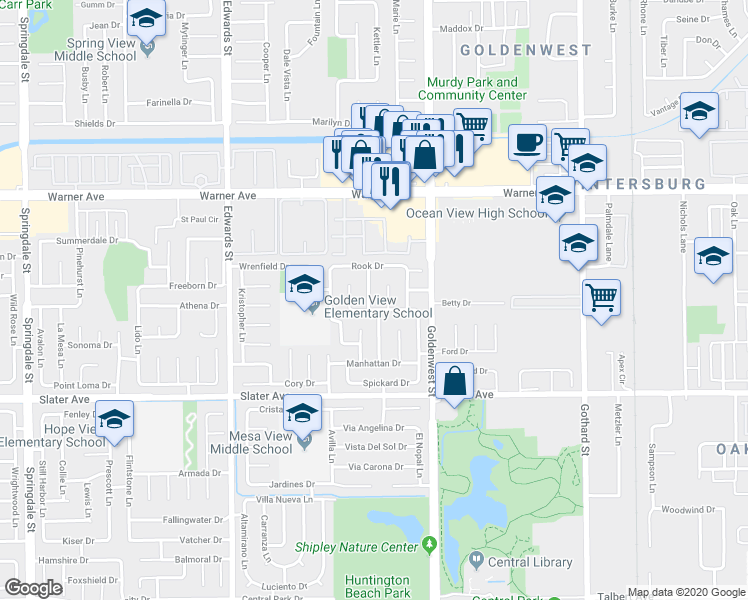 map of restaurants, bars, coffee shops, grocery stores, and more near 17302 Rob Roy Circle in Huntington Beach