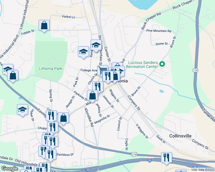 map of restaurants, bars, coffee shops, grocery stores, and more near 6958 Main Street in Lithonia