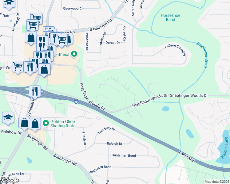 map of restaurants, bars, coffee shops, grocery stores, and more near 4522 Snapfinger Woods Drive in Decatur