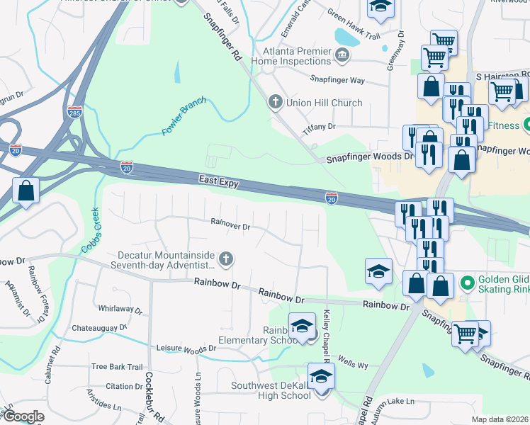 map of restaurants, bars, coffee shops, grocery stores, and more near 2597 Star Lane in Decatur