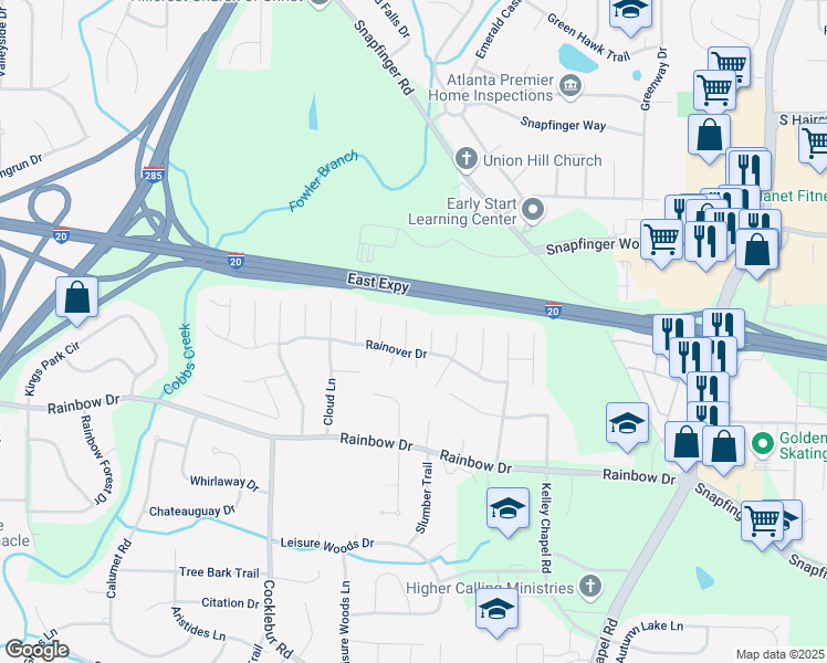 map of restaurants, bars, coffee shops, grocery stores, and more near 2570 Treasure Court in Decatur