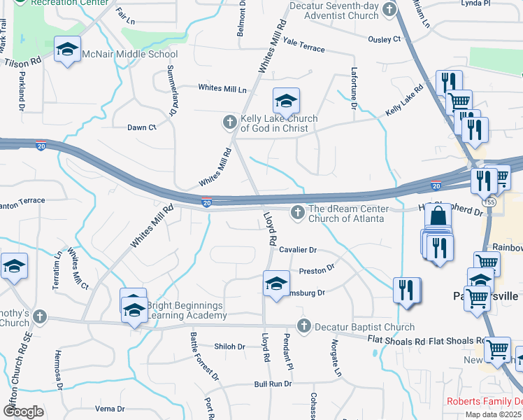 map of restaurants, bars, coffee shops, grocery stores, and more near Whites Mill Road in DeKalb County