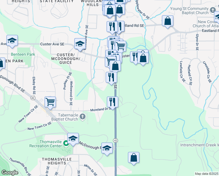 map of restaurants, bars, coffee shops, grocery stores, and more near 1575 Moreland Avenue Southeast in Atlanta