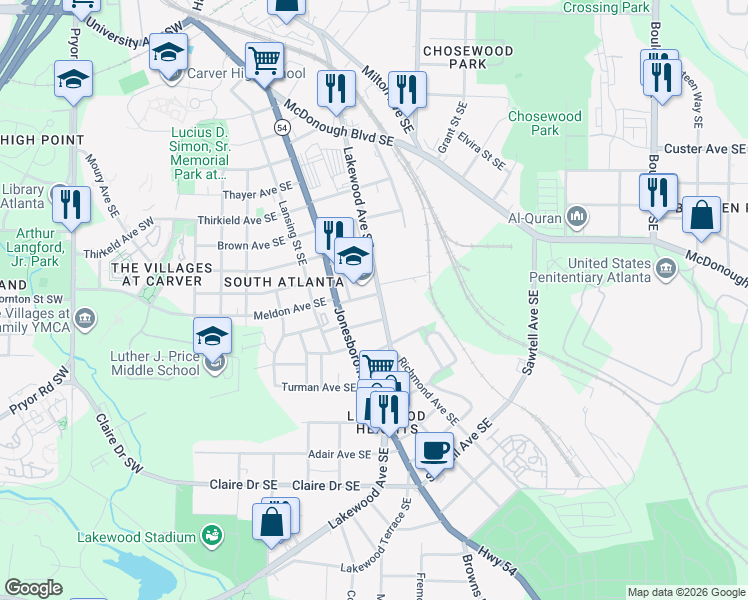 map of restaurants, bars, coffee shops, grocery stores, and more near 1567 Lakewood Avenue Southeast in Atlanta