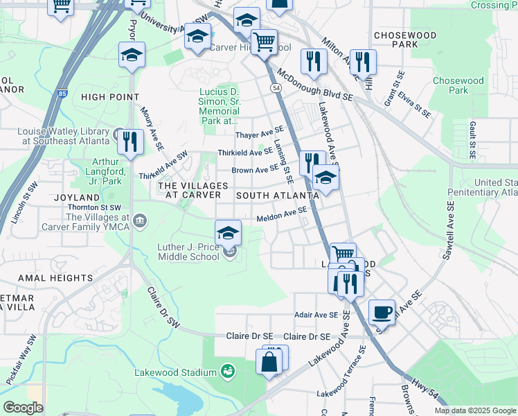 map of restaurants, bars, coffee shops, grocery stores, and more near 92 Park Avenue Southeast in Atlanta