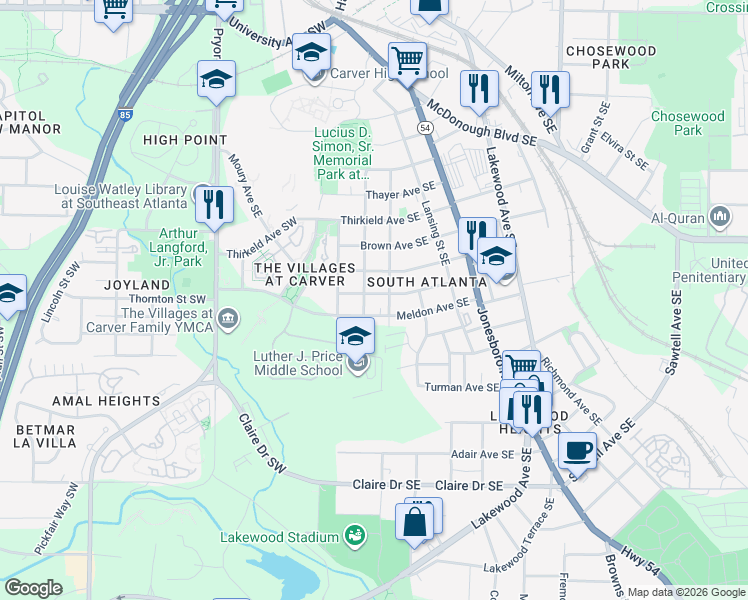 map of restaurants, bars, coffee shops, grocery stores, and more near 80 Meldon Avenue Southeast in Atlanta
