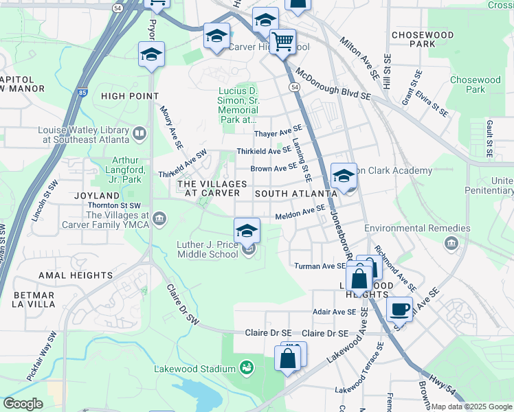 map of restaurants, bars, coffee shops, grocery stores, and more near 120 Park Avenue Southeast in Atlanta