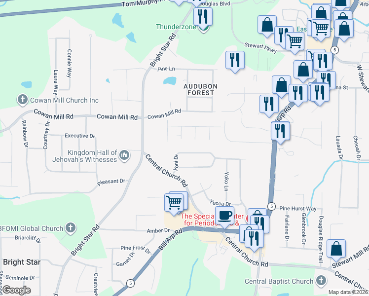 map of restaurants, bars, coffee shops, grocery stores, and more near 6166 Yoni Drive in Douglasville