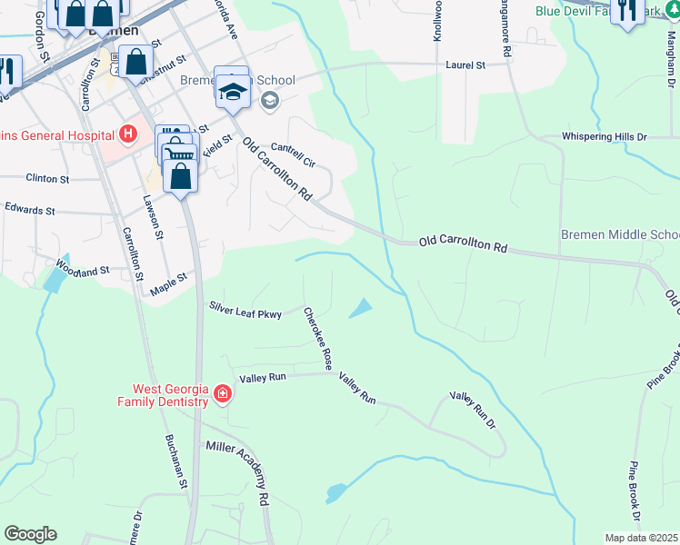 map of restaurants, bars, coffee shops, grocery stores, and more near 735 Cherokee Rose in Bremen