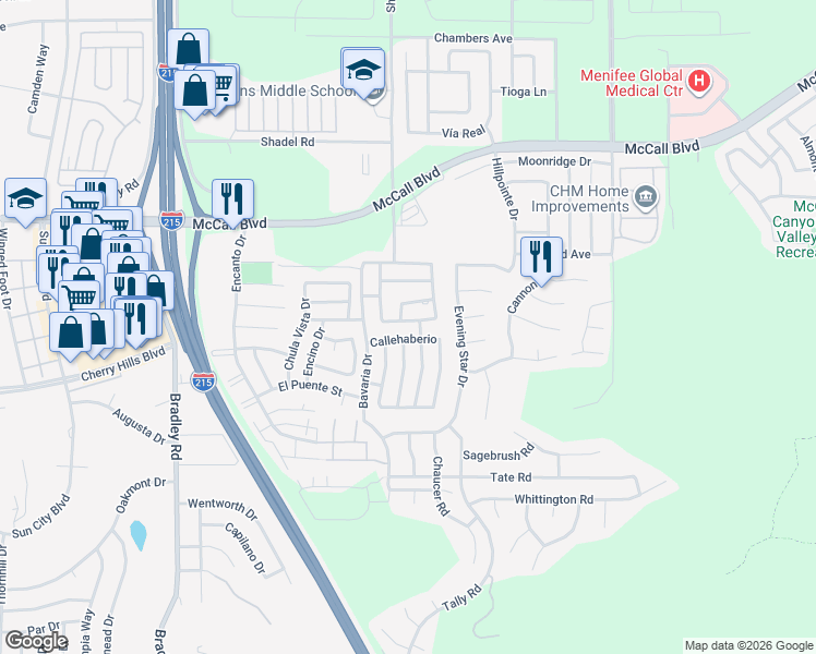 map of restaurants, bars, coffee shops, grocery stores, and more near 27577 Camino Vacuna in Menifee