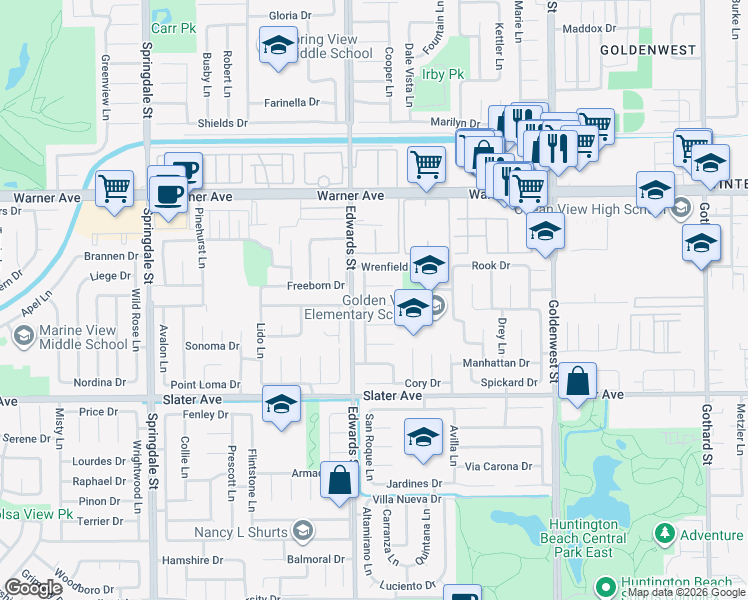 map of restaurants, bars, coffee shops, grocery stores, and more near 6561 Rennrick Circle in Huntington Beach
