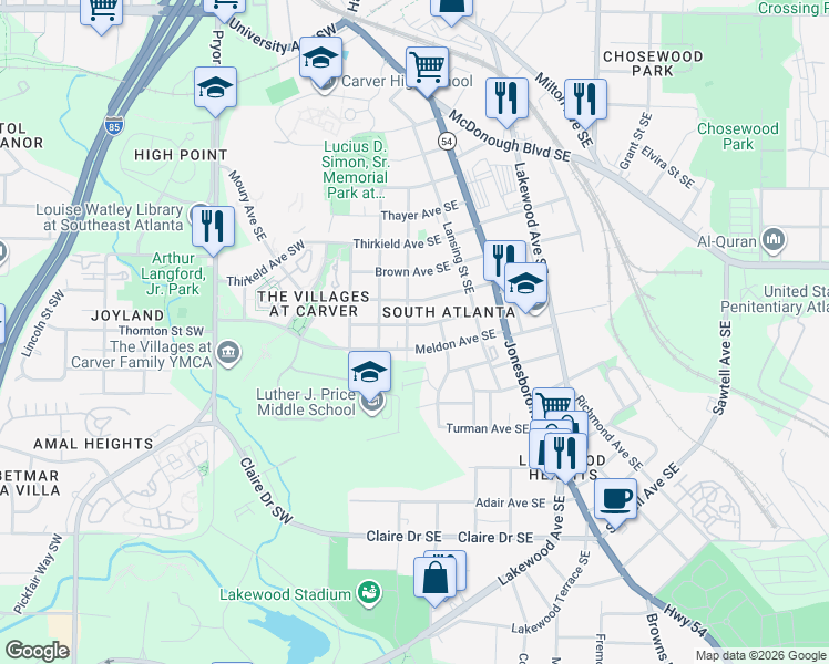 map of restaurants, bars, coffee shops, grocery stores, and more near 60 Meldon Avenue Southeast in Atlanta