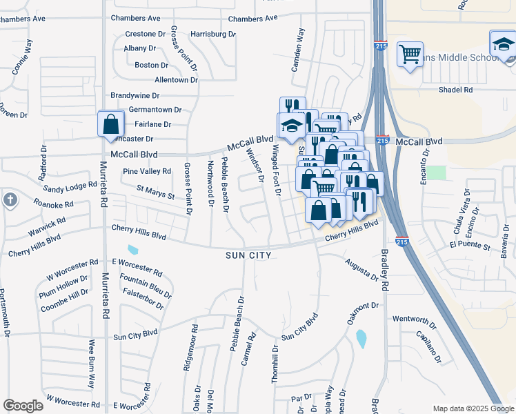 map of restaurants, bars, coffee shops, grocery stores, and more near 26501 New Bedford Road in Menifee