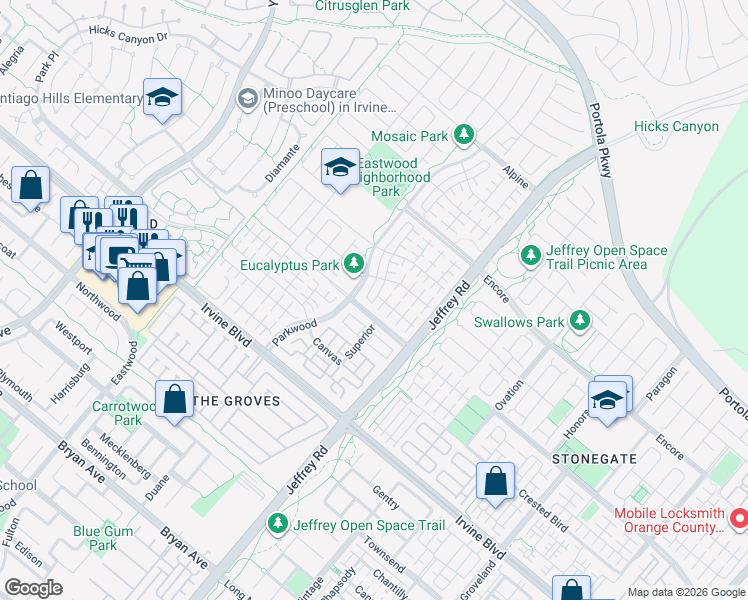 map of restaurants, bars, coffee shops, grocery stores, and more near 111 Henson in Irvine