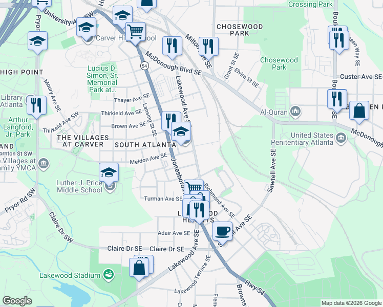 map of restaurants, bars, coffee shops, grocery stores, and more near 1567 Lakewood Avenue Southeast in Atlanta