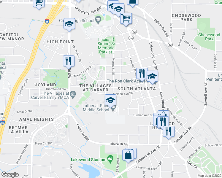 map of restaurants, bars, coffee shops, grocery stores, and more near 134 Park Avenue Southeast in Atlanta