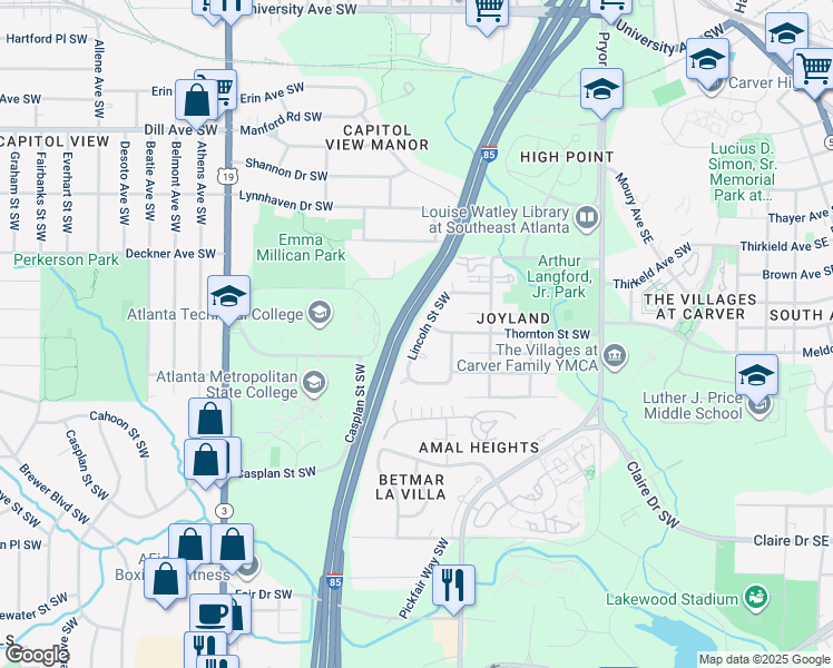 map of restaurants, bars, coffee shops, grocery stores, and more near 381 Lincoln Street Southwest in Atlanta