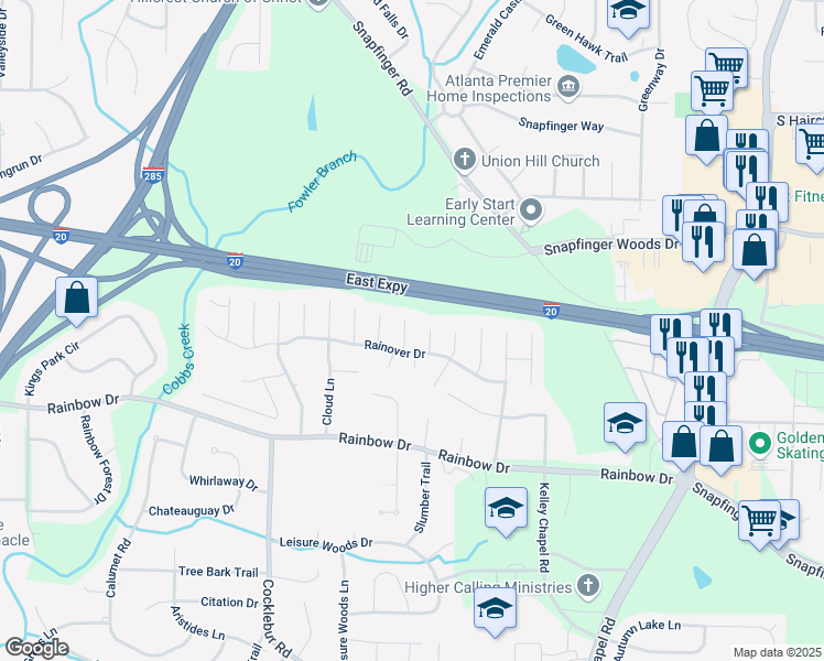 map of restaurants, bars, coffee shops, grocery stores, and more near 2570 Treasure Court in Decatur