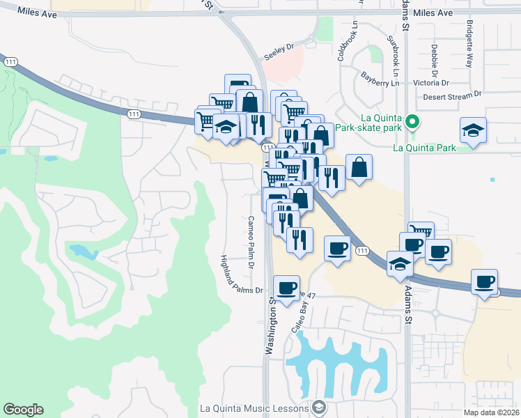 map of restaurants, bars, coffee shops, grocery stores, and more near 46370 Cameo Palms Dr in La Quinta