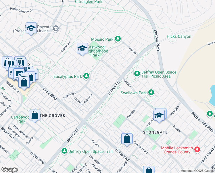 map of restaurants, bars, coffee shops, grocery stores, and more near 55 Decker in Irvine
