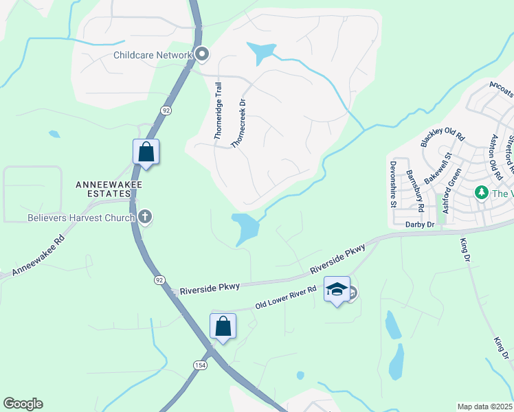 map of restaurants, bars, coffee shops, grocery stores, and more near 3405 Lake Valley Way in Douglasville