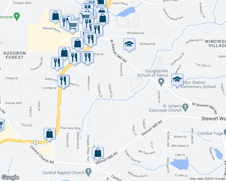 map of restaurants, bars, coffee shops, grocery stores, and more near 3949 Cheoah Drive in Douglasville