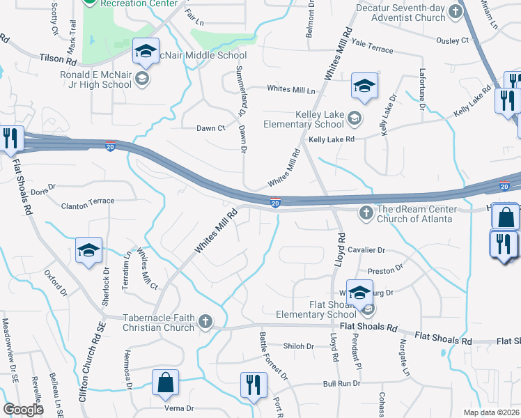 map of restaurants, bars, coffee shops, grocery stores, and more near 2525 Whites Mill Road in Decatur