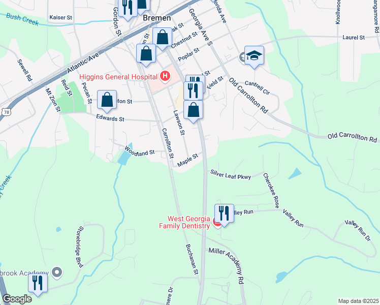 map of restaurants, bars, coffee shops, grocery stores, and more near 632 Lawson Street in Bremen