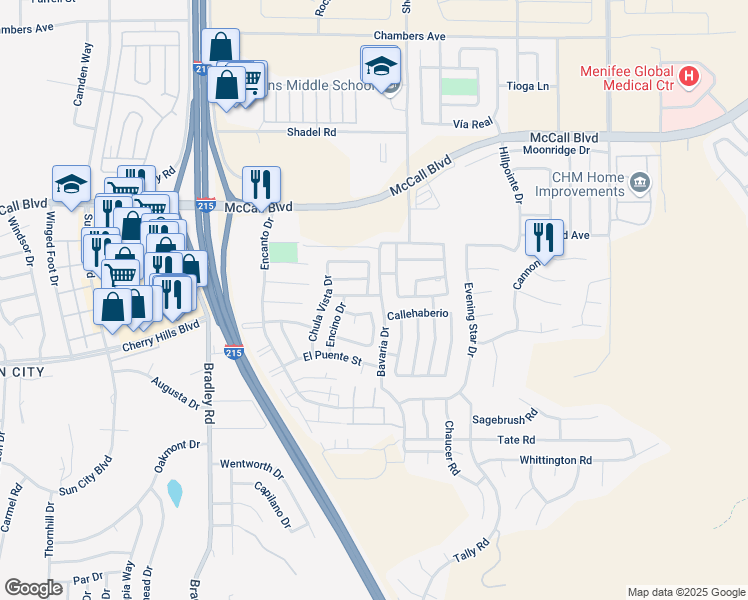 map of restaurants, bars, coffee shops, grocery stores, and more near 27401 Hacienda Drive in Menifee