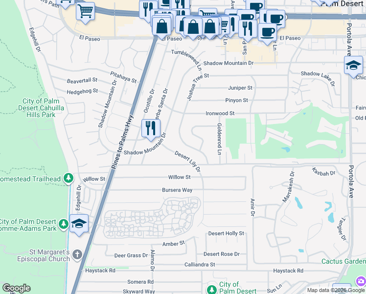 map of restaurants, bars, coffee shops, grocery stores, and more near 72931 Joshua Tree Street in Palm Desert