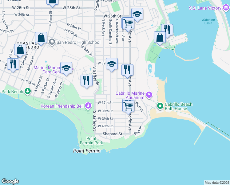 map of restaurants, bars, coffee shops, grocery stores, and more near 3533 South Kerckhoff Avenue in Los Angeles