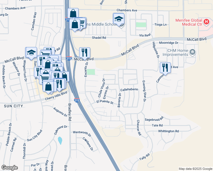 map of restaurants, bars, coffee shops, grocery stores, and more near 28171 Encino Drive in Menifee