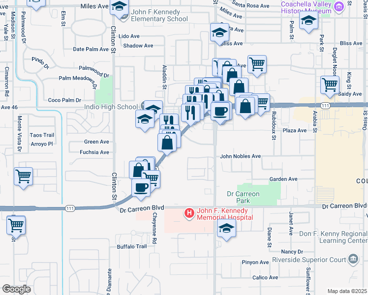 map of restaurants, bars, coffee shops, grocery stores, and more near 81871 Las Palmas Road in Indio