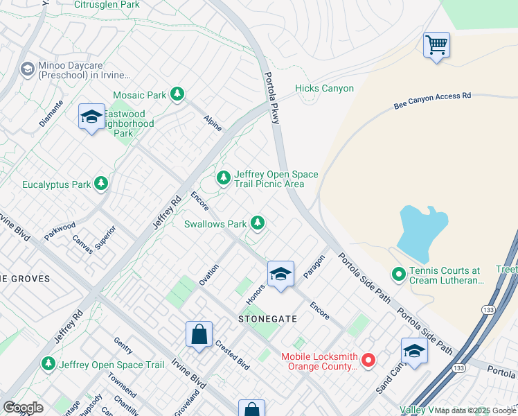 map of restaurants, bars, coffee shops, grocery stores, and more near 105 Ovation in Irvine