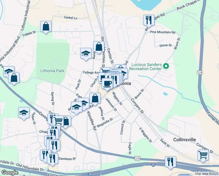 map of restaurants, bars, coffee shops, grocery stores, and more near 6958 Main Street in Lithonia