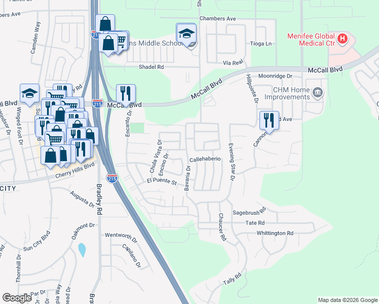 map of restaurants, bars, coffee shops, grocery stores, and more near 28178 Bavaria Drive in Menifee