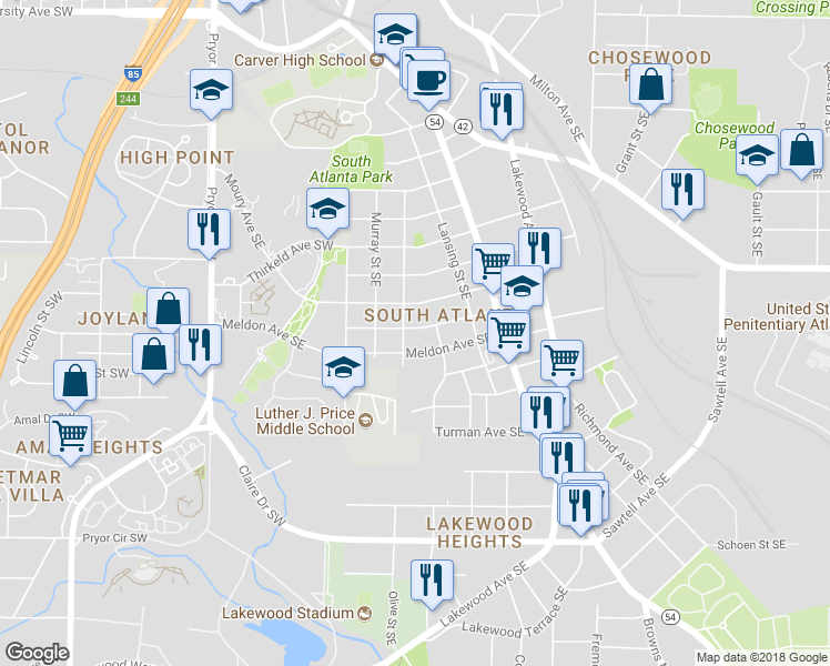 map of restaurants, bars, coffee shops, grocery stores, and more near 92 Park Avenue Southeast in Atlanta
