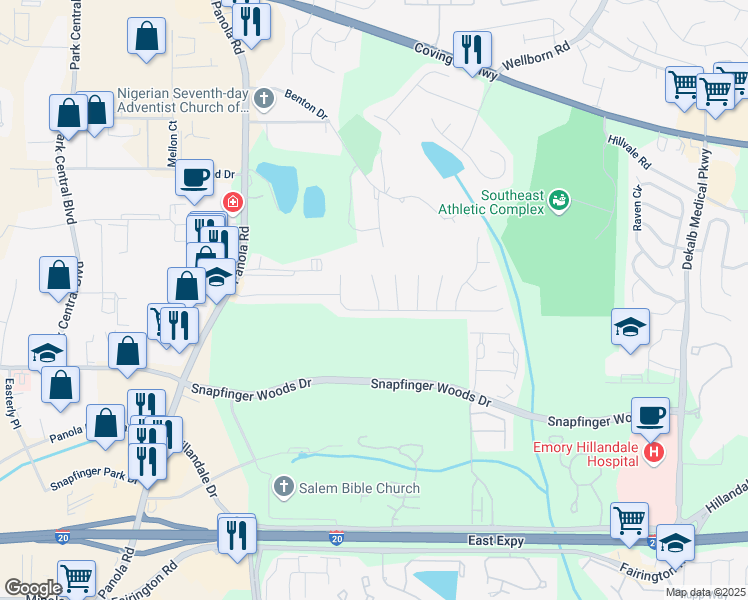 map of restaurants, bars, coffee shops, grocery stores, and more near 2565 Feywood Court in Lithonia