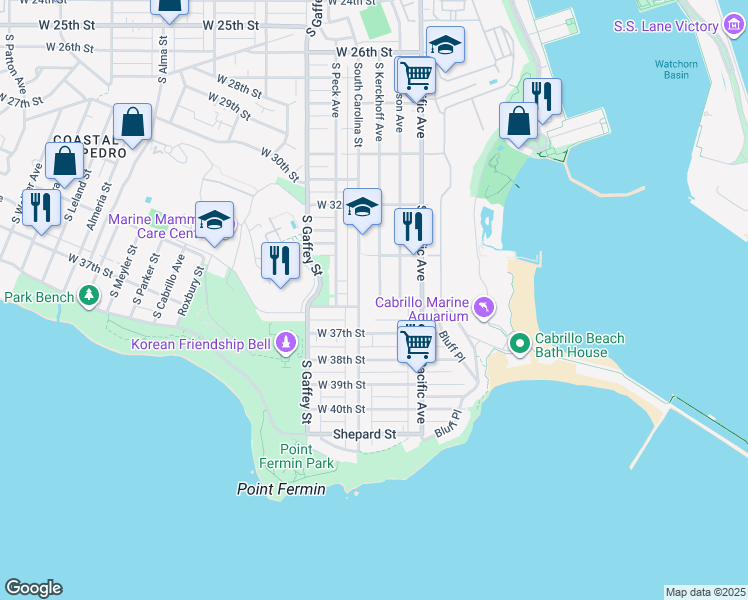 map of restaurants, bars, coffee shops, grocery stores, and more near 3533 South Kerckhoff Avenue in Los Angeles